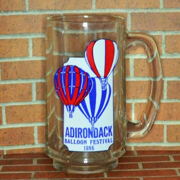 Vintage Clear Glass Mug Adirondack Balloon Festival 1986 Collectible Souvenir - Picture 1 of 4